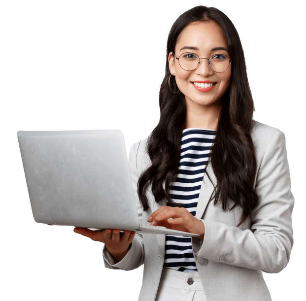 picture woman holding a laptop getting ready to contact Vyuh Global
