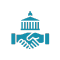a pair of professional hands shaking hands with each other with the government building in the background
